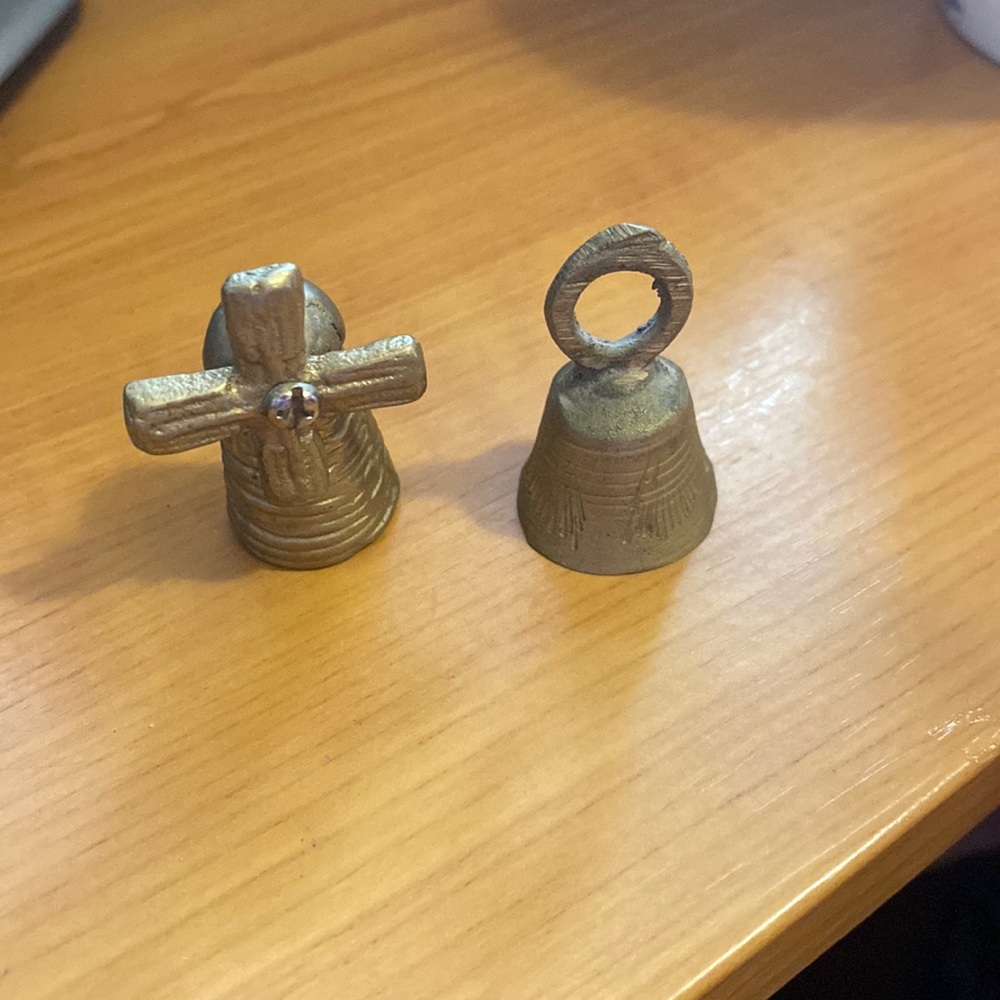 Metal windmill and bell thimbles.  Golden color vintage.